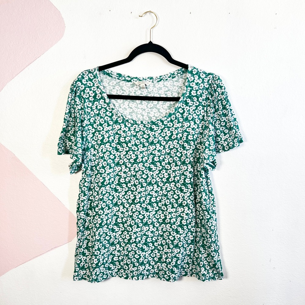 Lucky Brand T Shirt Women's Size Large Green White Boho Floral Print
